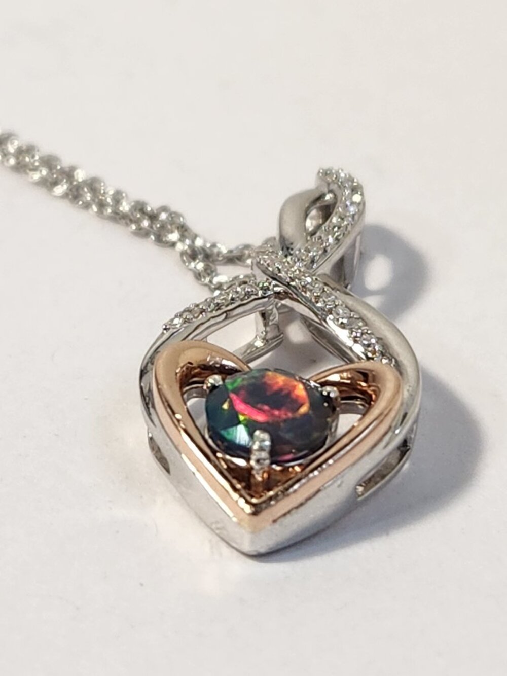 VID! Sexy Natural Galinieri Fire Opal Diamond 10K Rose Gold 925 Heart Necklace